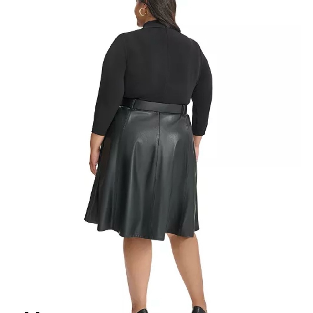 Calvin Klein long-sleeve black dress faux leather skirt matching belt. Size 16 - Picture 2 of 9
